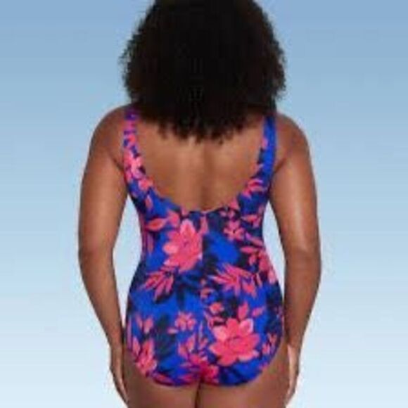 Aqua Green Size M One Piece Cinch Front Swimsuit Royal Blue Pink Tropical Floral - Picture 2 of 10